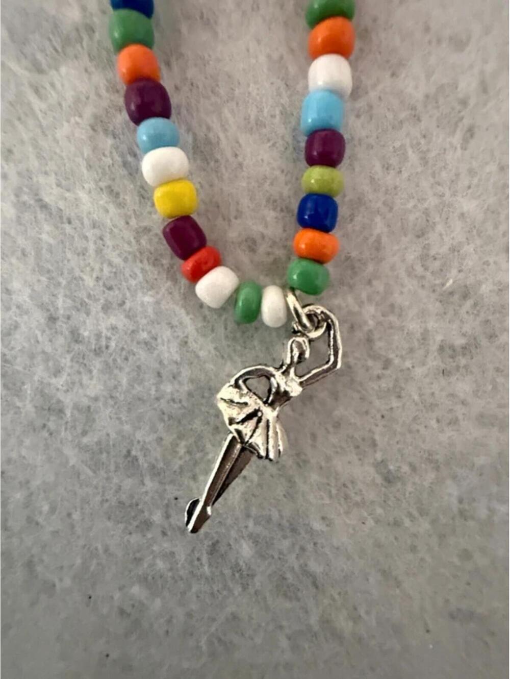 Handmade Colorful Seed Bead Ballerina Charm Stretch Necklace, 14"